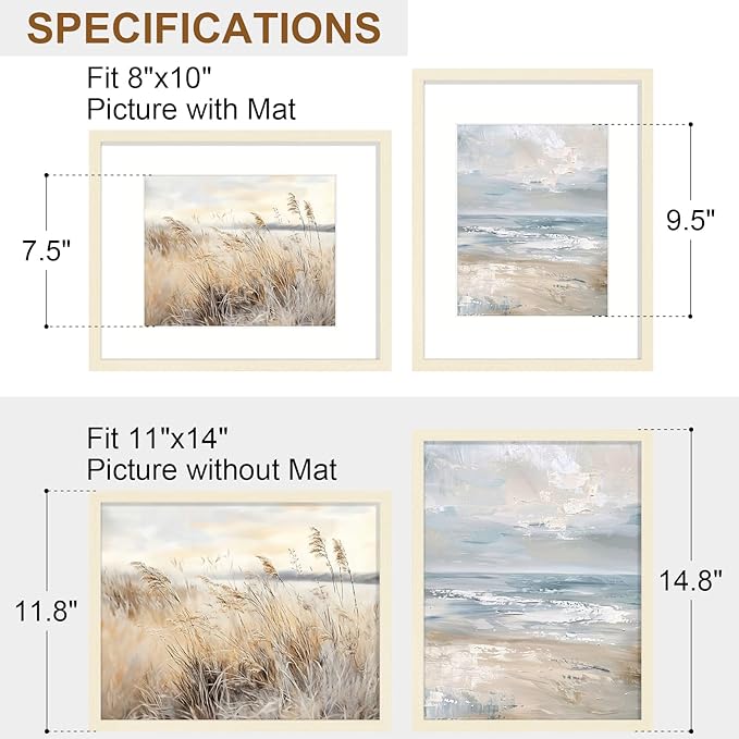 Vittanly 11x14 Picture Frame Set of 2, Solid Wood Frame for Wall Art Photo and Prints, Display Photo 8x10 with Mat or 11x14 without Mat, White
