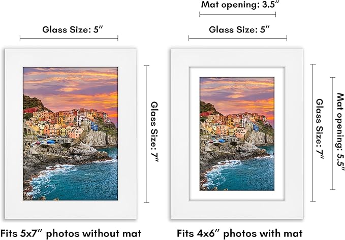 Americanflat 5x7 Picture Frame with Shatter-Resistant Glass - Use as 4x6 Frame with Mat or Display 5x7 Photo Without Mat - Signature Collection - Picture Frames for Tabletop and Wall Display - White