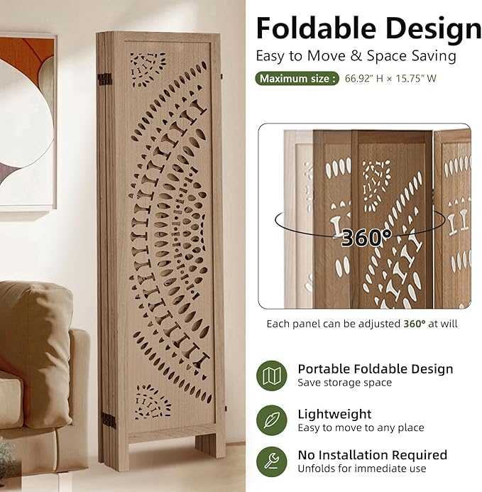 6 Panel Room Divider Wood Carved Room Divider Folding Privacy Screen with Double Hinges, Free Assembled Portable Partition Screen Divider for Room Separation Home Office Restaurant - Brown
