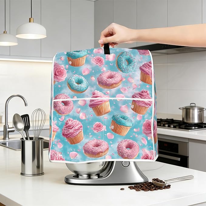 Stand mixer cover with handle and storage bag, reusable and washable, stylish retro floral design, keeps kitchen countertops clean and tidy (fits 6-8 quart mixers).