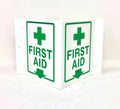 9" Width x 6" Height x 4" Depth Acrylic, Green on White Standard FIRST AID "V" Sign