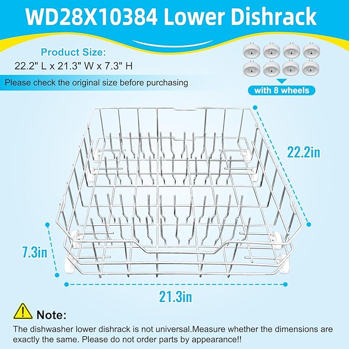 Upgrade WD28X10384 Dishwasher Lower Rack Replacement for GE Dishwasher Parts, Replaces WD28X10166 AP5788827 PS8746204 WD28X10165, Lower Dishrack Assembly with Wheels 22.2"D x 21.3"W x 7.3"H
