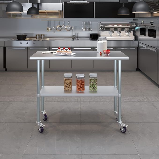 AmGood 48" Long x 18" Deep Stainless Steel Table with Casters