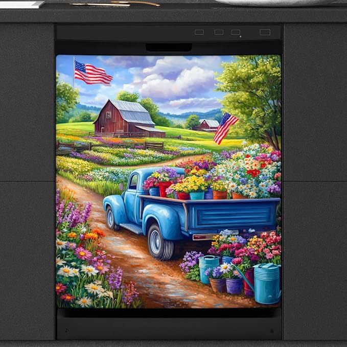 Dishwasher Magnet Cover American Flag Flower Truck Front Dishwasher Cover Decoration Reusable Magnetic Door Cover Panel Decal Home Appliances Stickers Kitchen Refrigerator Fridge 23"x26"