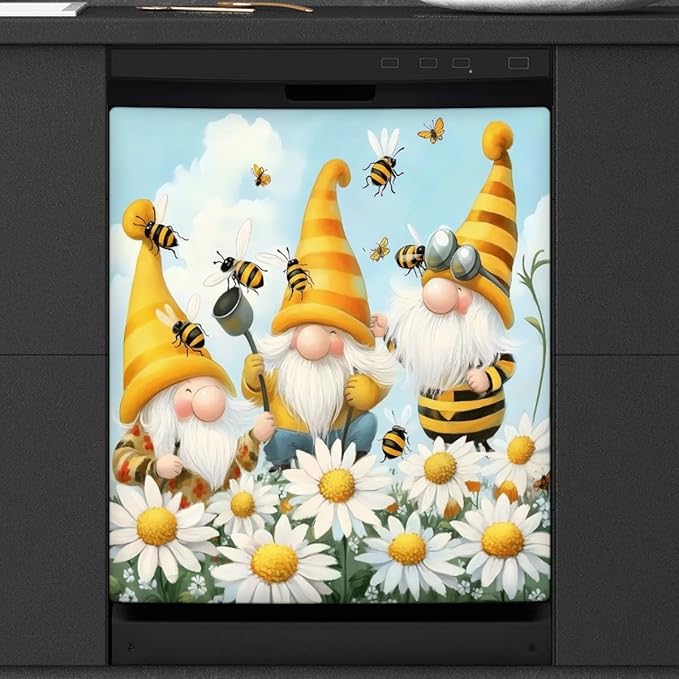 Bee Cartoon Gnomes Dishwasher Magnet Cover for Door Front, Dishwasher Panel Decal Daisy Reuseable Refrigerator Magnet Cover Decal Fridge Stickers Home Decor, 23 x 26 Inch