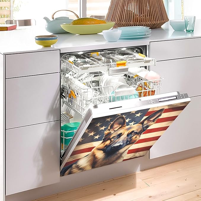 Dog German Shepherd American Flag Dishwasher Magnet Cover Sticker Magnetic Refrigerator Panel Front Door Fridge Microwave Decal