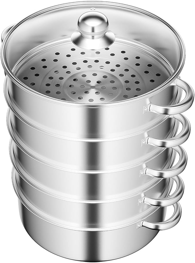 Steamer 28cm/11.02in, 5-tier Stainless Steel Steam Cooker w/Clear Glass Lid & Handles, Home Round Stackable Multipurpose Steam Pot for All Stoves, 13.77 * 15.35in (1xBottom Pot, 4xSteaming Baskets)
