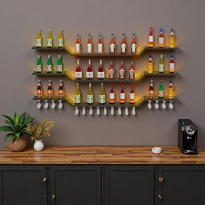 63" Wall Mounted LED Wine Rack, 3-Tier Floating Bar Shelves, Large Liquor Shelf with Wine Glass Rack, Large Bar Rack Wall Mounted for Liquor Bottles, Home Bar, Dining Room or Cafe, Black