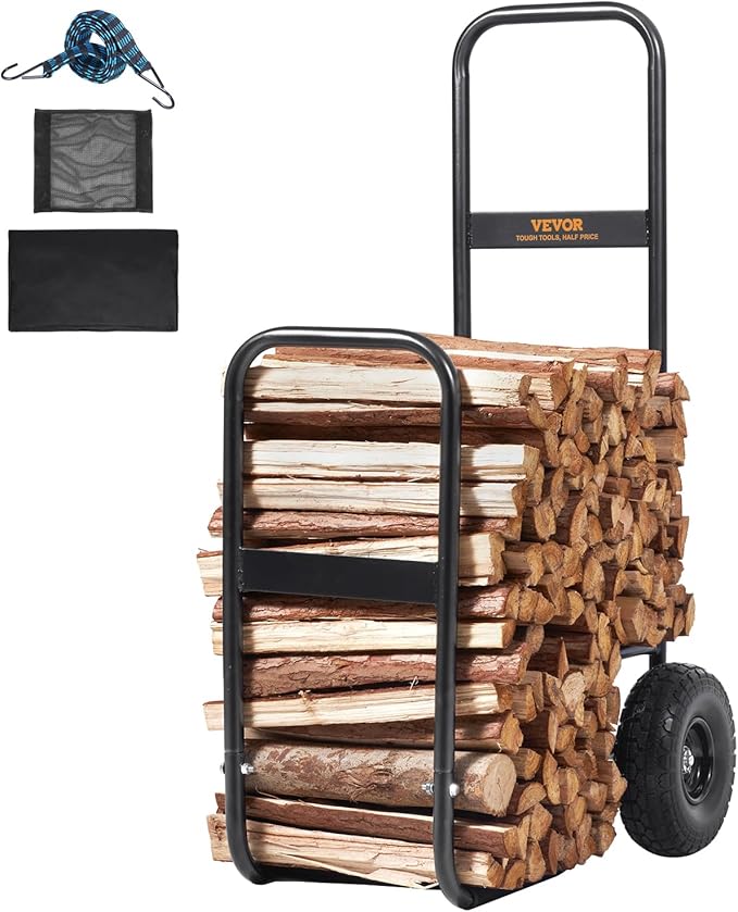 VEVOR Firewood Cart, 250 lbs Capacity, Black Heavy Duty Steel Dolly Hauler with PU Wheels & Waterproof Cover, Outdoor and Indoor Wood Rack Storage Mover, Firewood Carrier for Fireplace, Fire Pit