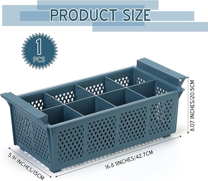 Maxdot 16inch Dishwasher Silverware Cutlery Basket 8 Compartments Washing Basket with Handle Utensil Holder Silverware Drying Rack for Kitchen Commercial (Blue)