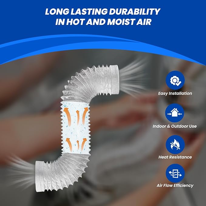 Dryer Vent Hose 4 Inch x 8FT - Flexible Aluminum Dryer Hose with 2 Clamps - Heavy-Duty 6-Layer Dryer Vent Hose for Tight Spaces, HVAC, Bathroom, and Kitchen Exhaust Ventilation