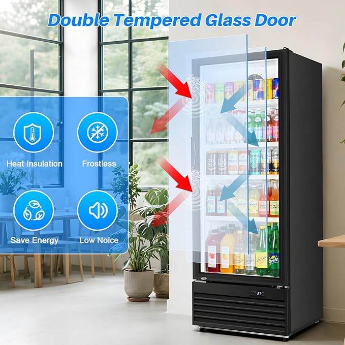 Commercial Beverage Refrigerator, 24.5" Glass Door Display Fridge, 15 Cu.Ft Freestanding Beverage Cooler with 4 Adjustable Shelves, Auto Rebound Door, Low Noise, for Shops, Restaurants & Bars, Black