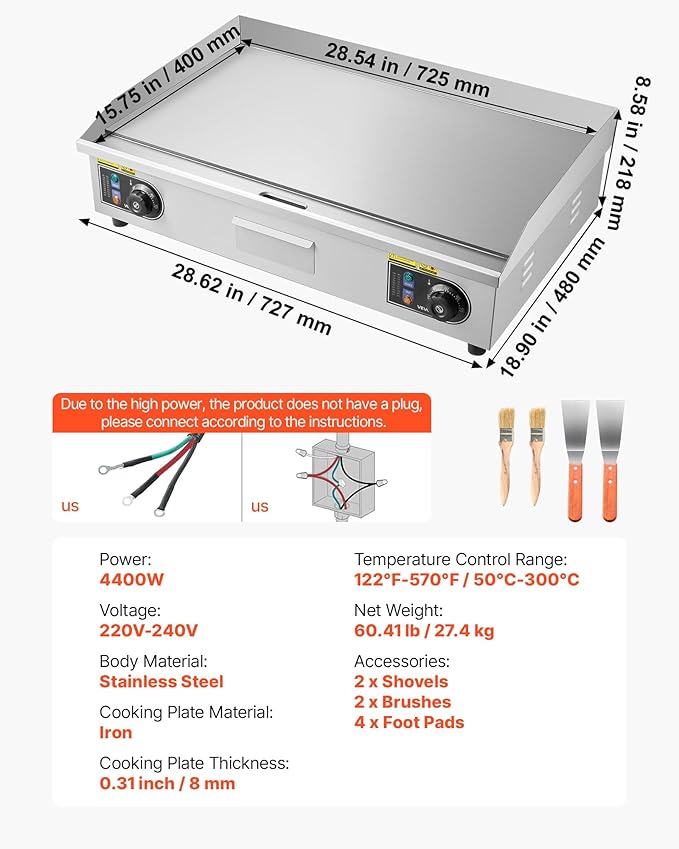 VEVOR Commercial Electric Griddle, 28.54 x 15.75 in, 4400W, 122-570°F Adjustable Temp Control, Stainless Steel Countertop Full Flat Top Grill with 2 Spatulas and 2 Brushes, for Steak, Pancake, Squid