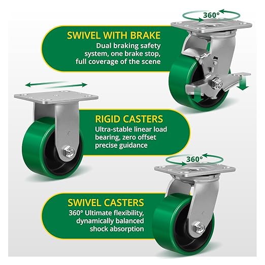 4 Inch Caster Wheels, Heavy Duty Caster with Strong Load-Bearing, Polyurethane Wheel on Steel Hub, Supports 800 lbs Each(2 Pack Swivel)