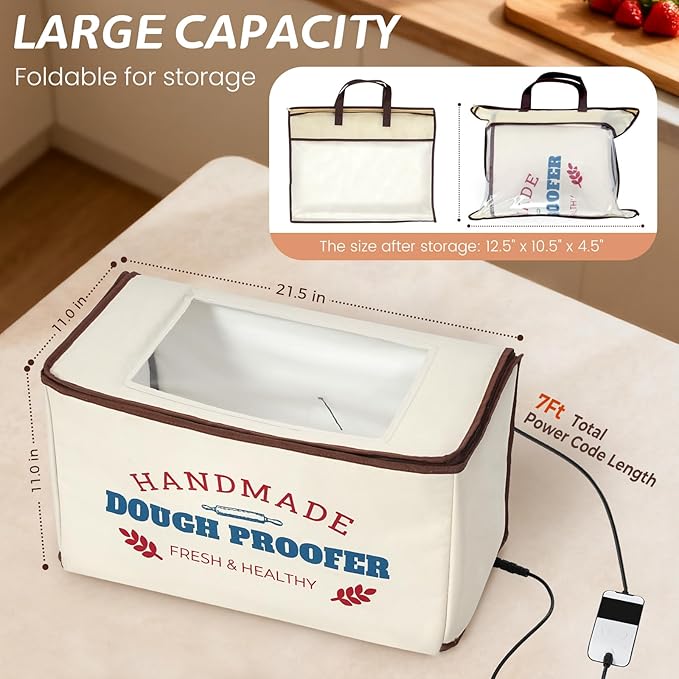 Extra Large Folding Dough Proofing Box with 3-Sided Heating, Temp Control (50-130℉), 24-Hour Timer, Beep Alert, Storage Bag – Ideal for Sourdough, Pizza, Yogurt & Seed Starting