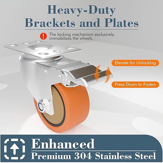 3 Inch 304 Stainless Steel Caster Wheels with Brake, Set of 2, 360° Swivel Rust-Resistant Industrial Casters for Kitchen, Restaurant, Lab, Hospital, Furniture, Workbench