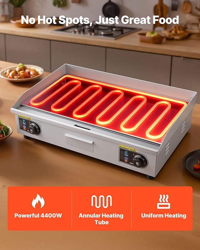 VEVOR Commercial Electric Griddle, 28.54 x 15.75 in, 2800W, 122-570°F Adjustable Temp Control, Stainless Steel Countertop Flat Top Grill with 2 Spatulas, 2 Brushes, 4 Foot Pads, for Steak(NO PLUG)