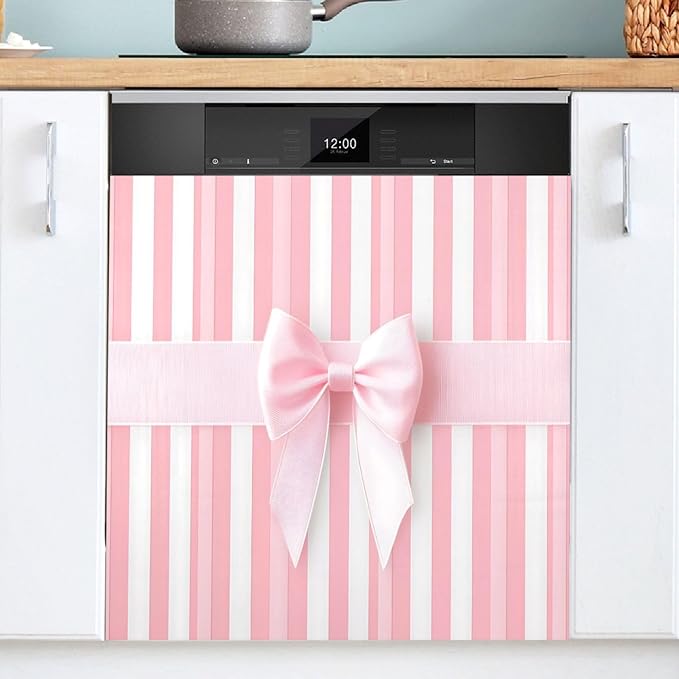 Dishwasher Magnet Cover, Pink Ribbon Bow Magnet Sticker Fridge Panel Decal for Home Kitchen Decor, 23x26in