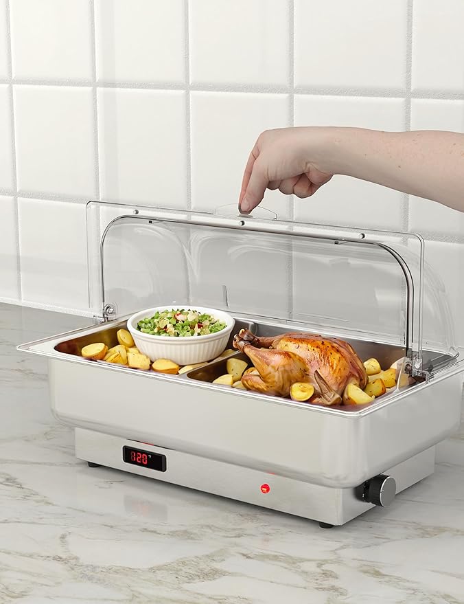 GarveeHome 2 Pack Electric Chafing Dishes Buffet Set 9 QT Full Size, NSF Stainless Steel Roll Top Catering Chafer Server Food Warmer with Cover for Party Wedding Banquet