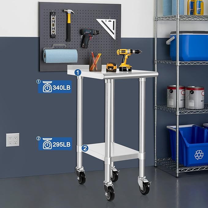 HARDURA Stainless Steel Commercial Work Table with Wheels Prep & Work Metal Table 24×24 Inches Heavy Duty NSF with Casters and 2" Backsplash