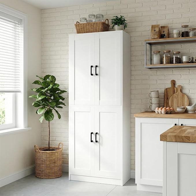 71" Tall Kitchen Pantry Cabinet, Freestanding Food Storage Organizer with Doors & Adjustable Shelves, Large Utility Hutch Cupboard for Dining Room, Living Room, Bathroom & Home Office, White