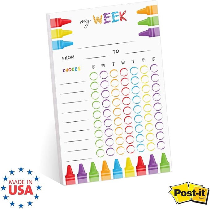 Cheerful Crayon Design Weekly Chore Chart / 6" x 10" Sticky Note Fill in Task List/Fun Week Assignment List