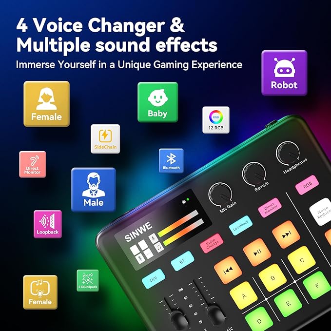 SINWE G1 Gaming Audio Mixer, RGB Audio Interface with Pro-preamp,Bluetooth, Streaming PC Mixer with XLR/48V Phantom Power for Live Streaming, Podcasting, Content Create, Gaming(Black)