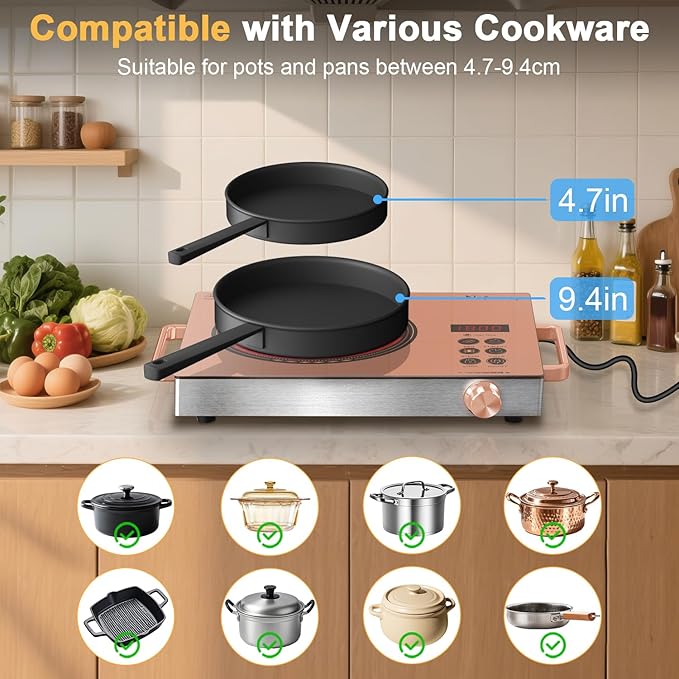 Electric Cooktop Single Burner, 110V Portable Electric Stove 1800W, One Burner Hot Plate with Knob & Touch Control, Countertop, Timer & Safety Lock, 110-120V Plug in(Orange)