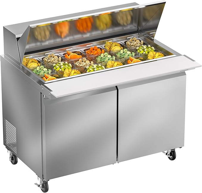 48" W Commercial Refrigerator Sandwich Salad Prep Table, 13.8 Cu.ft 2 Door Commercial Stainless Steel Mega Top Food Prep Fridge with 18 Pans, Salad Prep Station for Restaurant, Bar, Shop