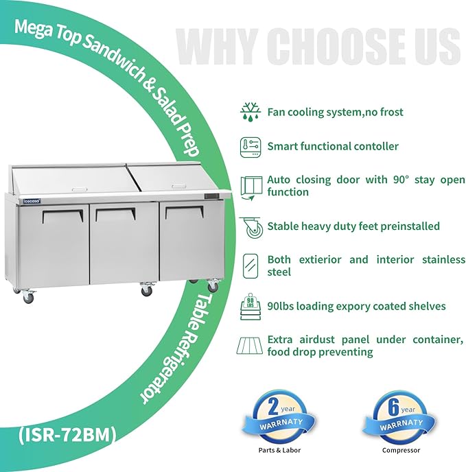 ICECASA 72" W Commercial Refrigerator Sandwich&Salad Prep Table Mega Top 3 Door Stainless Steel Counter Fan Cooling Refrigerator with 30 pans-72 Inches for Restaurant, Bar, Shop, etc