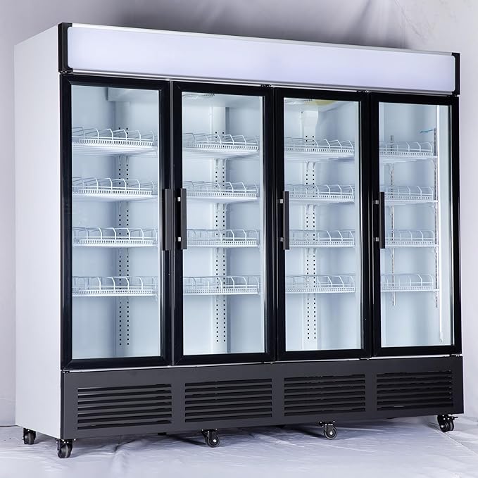 Commercial Refrigerator Display Fridge,85 Cu Ft Four Glass Door Upright Merchandiser Drink Cooler with LED Light Adjustable Shelves,ETL Sanitation,80" Wide,Wheels Not Includede
