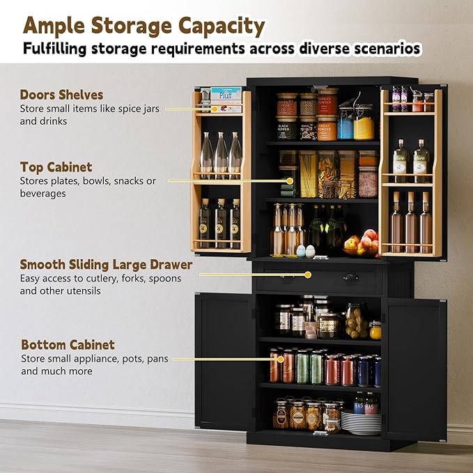 ARTPOWER 72" Pantry Storage Cabinet with Drawer, Freestanding Tall Cupboard Storage Cabinet, Utility Pantry with Door Shelves and 2 Adjustable Shelves for Kitchen, Dining Room,Living Room, Black