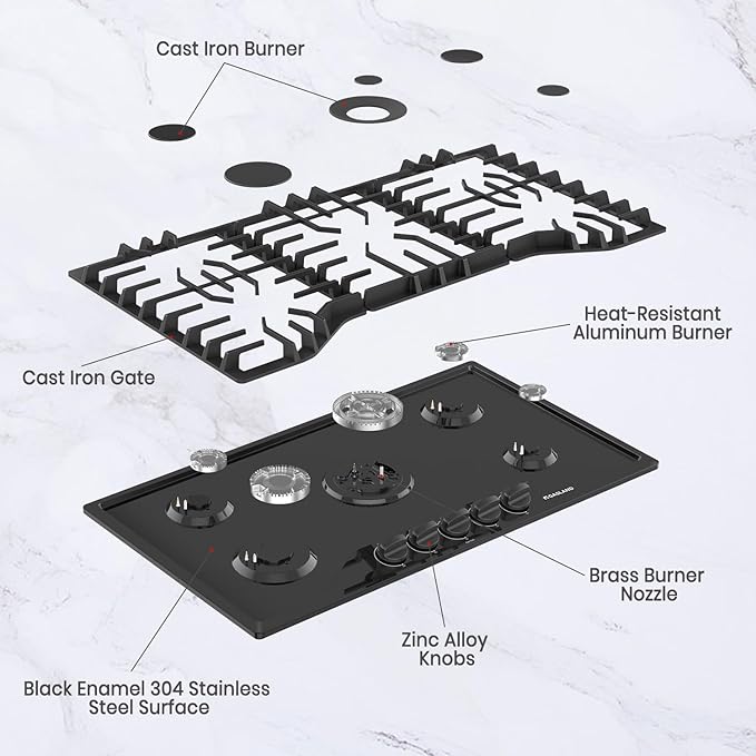 GASLAND 36 Inch Gas Cooktop 5 Burner, PRO GH2365EF, Built-in NG/LPG Convertible Stovetops, Gas Countertop Plug-in with Thermocouple Protection, Black