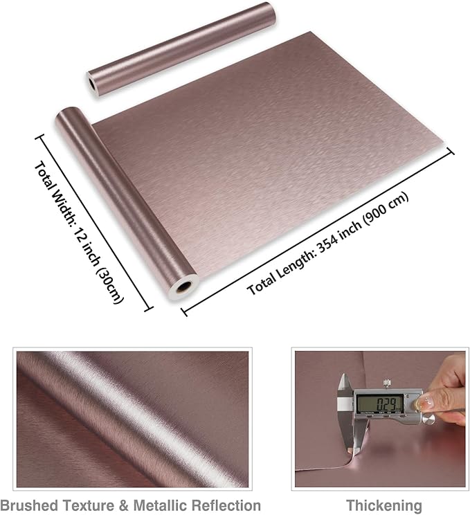 CRE8TIVE Rose Gold Stainless Steel Contact Paper for Appliances 12"x354" Brushed Metallic Peel and Stick Wallpaper Self Adhesive Heat Resistant Stainless Steel Wallpaper for Kitchen Refrigerator Stove