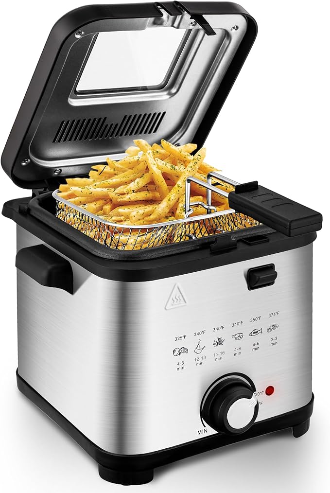 SUSTEAS 1.5 Liter/1.35QT Electric Deep Fryer, 900W, Timer Control, Adjustable Temperature, Lid with Viewing Window and Removable Frying Basket, Stainless Steel, Perfect for Kitchen, French Frie