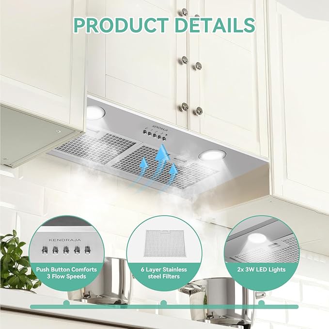 Built-in 30 Inch 700 CFM Kitchen Range Hood Insert | Stainless Steel Stove Vent Hood with Bright LED Lights, Push Button Control | Convertible Ducted/Ductless, Includes Grease & Carbon Filters
