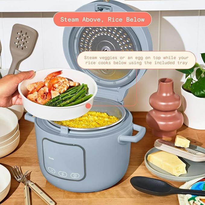 Beautiful 14-Cup Electric Rice & Grain Cooker, Ceramic Nonstick, 8 Presets, Slow Cook, Steamer Tray (Cornflower Blue)