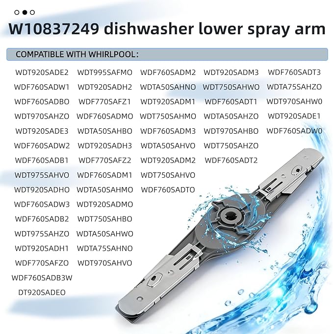 W10837249 Dishwasher Lower Spray Arm Compatible with Whirlpool Dishwasher Spray Arm WDT750SAHZ0 WDTA50SAHZ0 WDT970SAHZ0 Lower Wash Arm Replacement for W10629546 PS11727921 AP5988717 W10838302