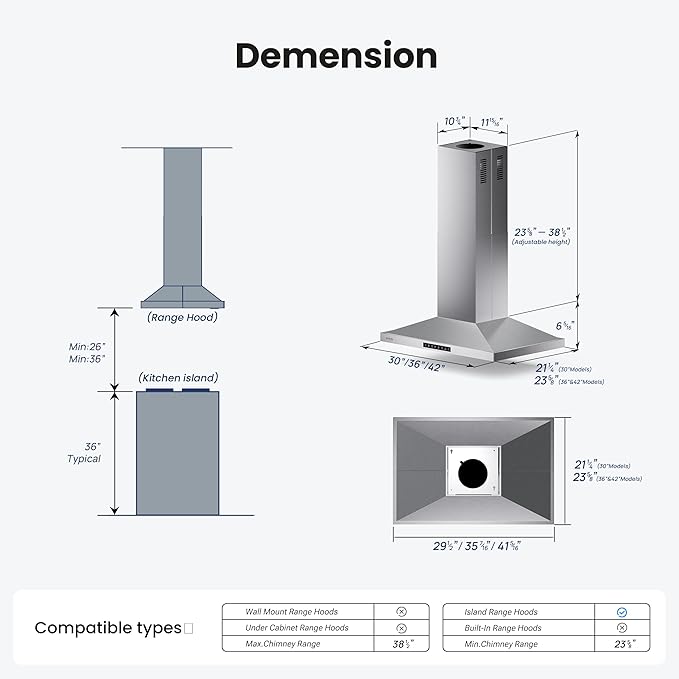 30 Inch Island Range Hood, 390 CFM kitchen Hood with Dual-Sided Touch/Gesture Control, Convertible Ducted/Ductless, Ceiling Mount, 3 Stainless Steel Baffle Filters, 3-Speed Fan