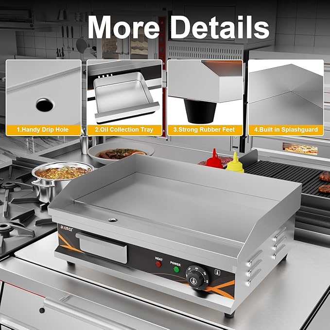 22" Commercial Electric Griddle, 1500W Electric Countertop Griddle Flat Top Grill with Thermostat 0-300℃, Stainless Steel Heavy Duty Large Grill for Restaurant BBQ