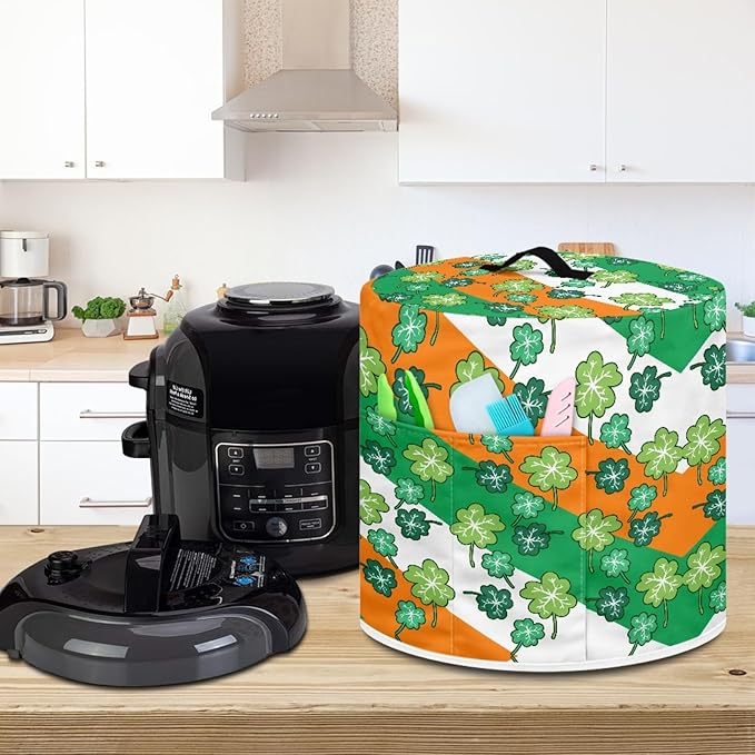 St.Patrick's Day Insulated Pressure Cooker Appliance Cover, Also Fit for Rice Cooker, Air Fryer and Crock Pot, 8 Qt Dust Cover with Pocket for Spoon/Cooking Utensils/Recipes,Green Leaves