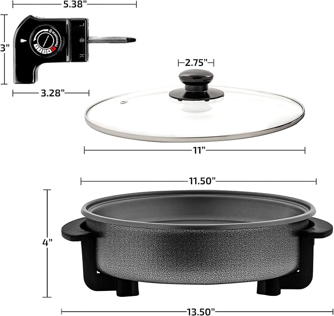 OVENTE 12 Inch Electric Skillet and Frying Pan with Nonstick Coating, 1400W Power, Adjustable Temperature Control, Tempered Glass Lid with Vent and Cool Touch Handles, Black SK11112B