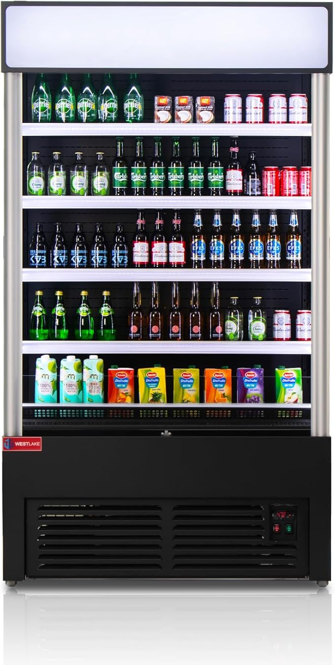 WESTLAKE Commercial Refrigerator Open Air Merchandiser with Night Curtain 24 Cu.ft 45.7” W 25.6" D Upright Fan Cooling Display Cooler for Stores, Supermarkets, Bar, Shops, etc