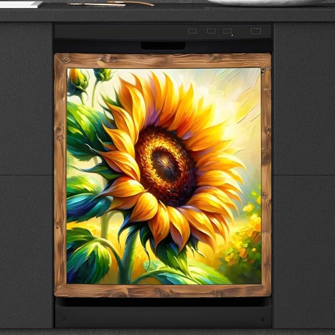 Painting Sunflowers Flower Dishwasher Magnet Cover Front Dishwasher Cover Decor Reusable Magnetic Door Cover Panel Decal Home Appliances Stickers Kitchen Refrigerator Fridge 23"x26"