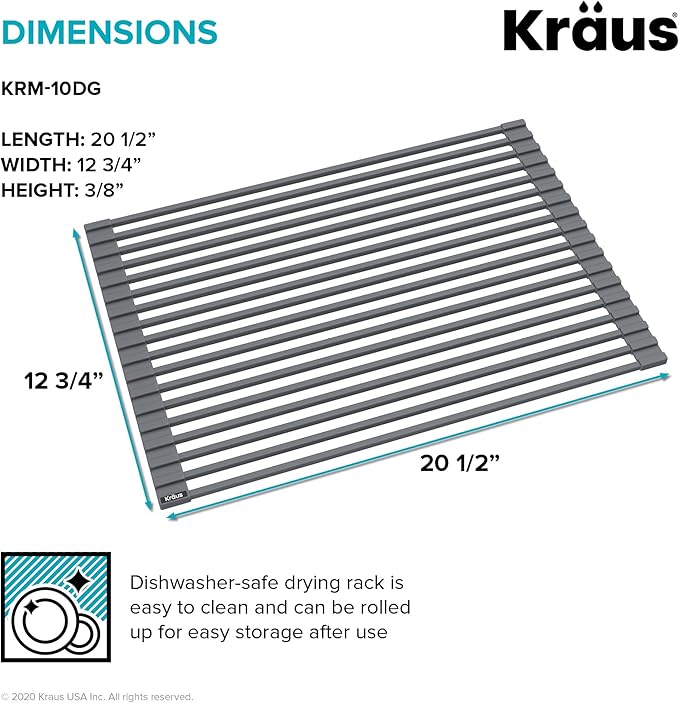 Kraus Roll Up Dish Drying Rack with Self-Draining Silicone Dish Drying Mat and Silicone Soap Dish Holder in Black, KDM-KRM-10BL