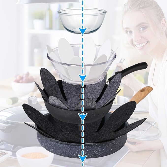 Queekay 12 Pcs Felt Pot and Pan Protectors 12/14/16 Inch Larger Thicker Pan Protector Pads, Colorful Pot Separators for Stacking Cookware Organizing Protecting(Black Gray)