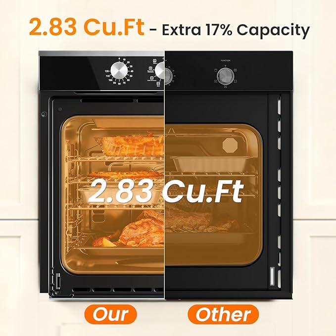 Single Wall Oven 24", 2.83 Cu.Ft-80L with 8 Functions Built-in 24 Electric Wall Oven, 240V, 3220W Fast Preheat, Mechanical Knob Control for Easy Cooking