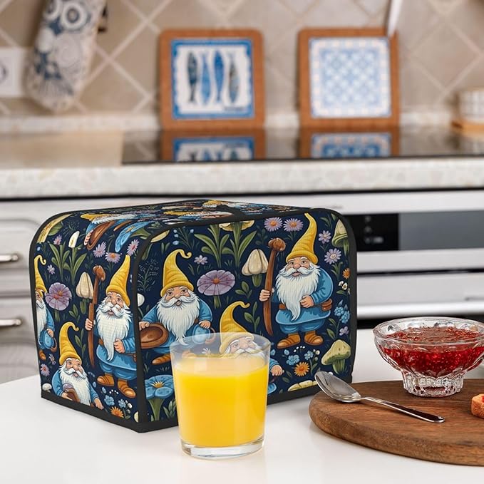 Toaster Cover 2 Slice Cute Gnomes Flower Mushroom Waterproof Appliance Cover with Hang Loop Bread Baker Toaster Cover for Kitchen