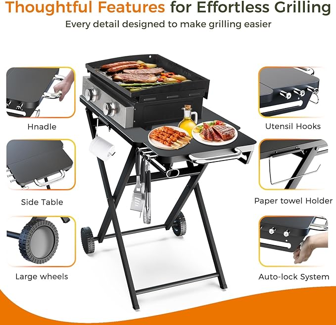 Grill Table Stand for Blackstone 17” & 22” Griddle, Ninja Woodfire Outdoor Grills, Ooni Pizza Oven, 34"x20" Foldable Grill Cart with Wheels and Handle for Camping & Backyard BBQ