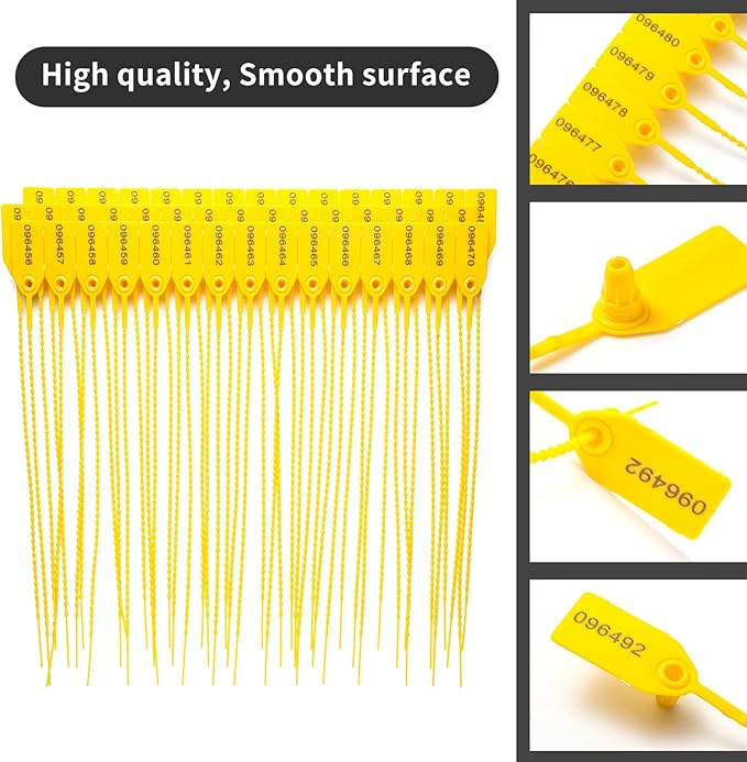 100 Plastic Security Seals Anti-Tamper Tags Fire Extinguisher Tags Numbered Zip Ties Disposable Pull Tite Safety Tags (Yellow)